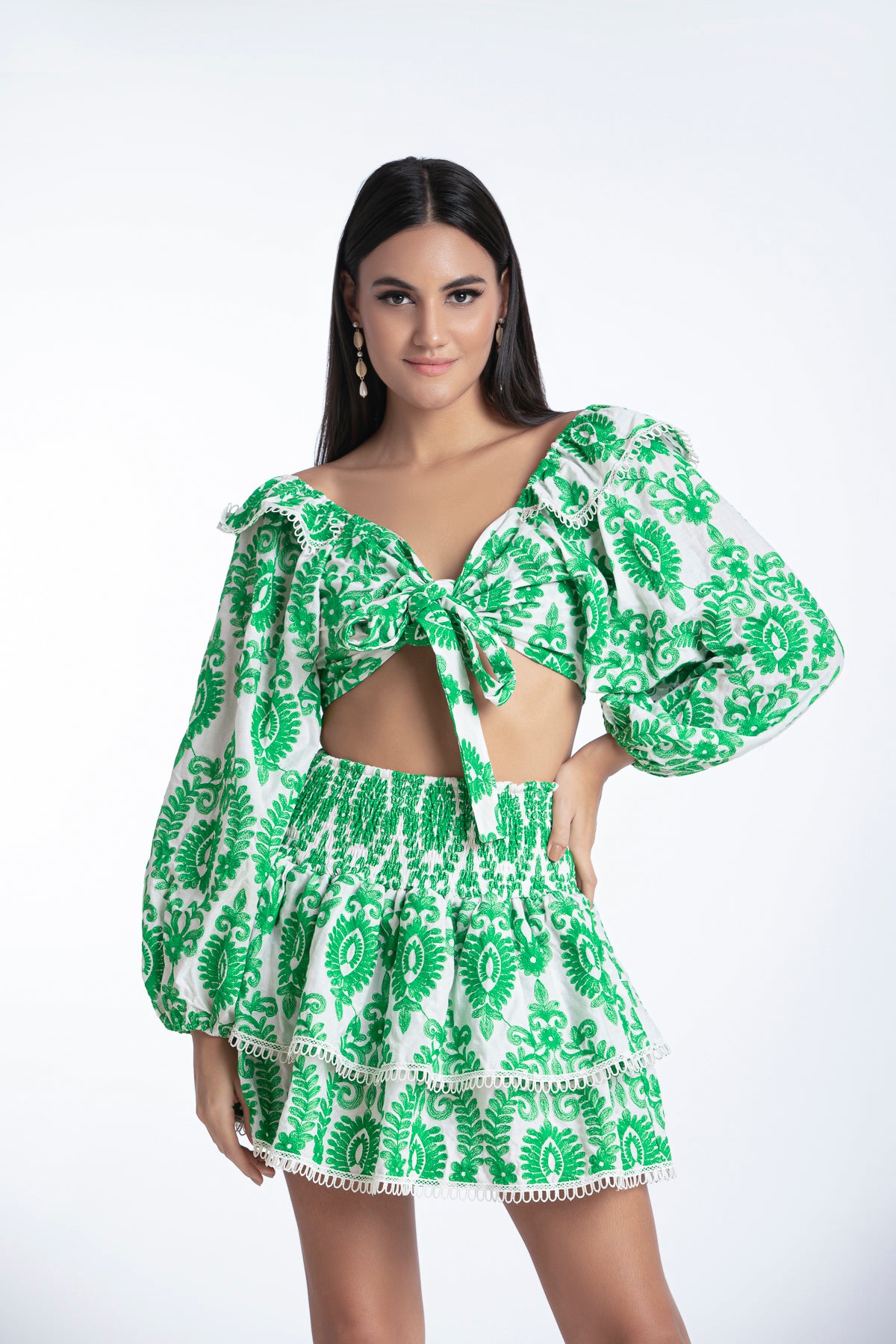ALEKSANDRA TOP - GREEN EMBROIDERY