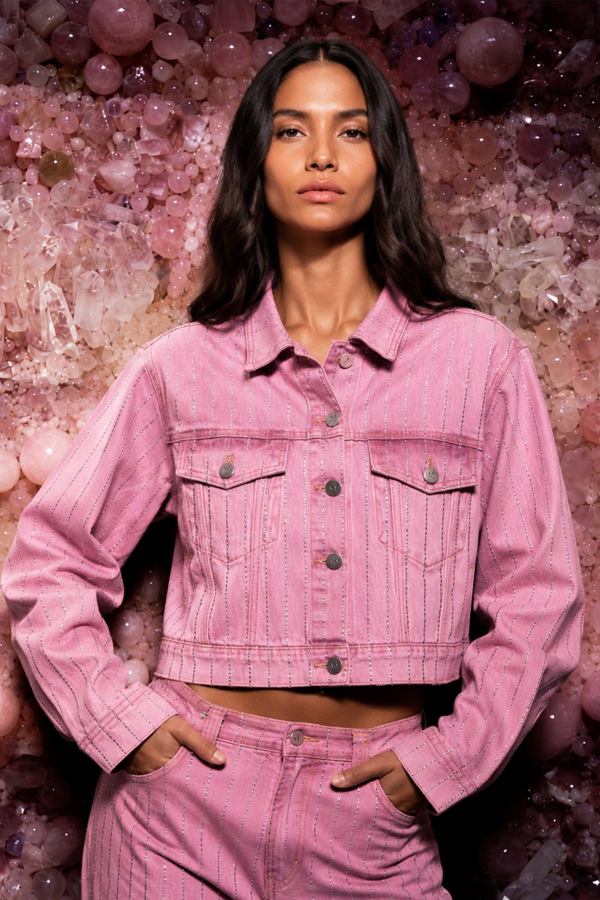 VESTE JEANS - STRASS ROSE